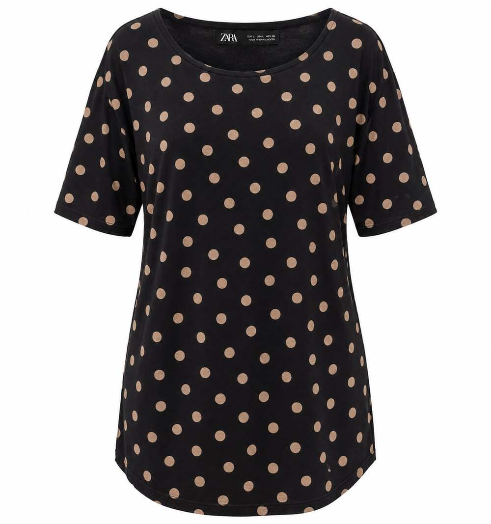 ZARA Black Tan Polka Dot Tunic Top Y2K Classic Minimalist Short Sleeve M Neutral